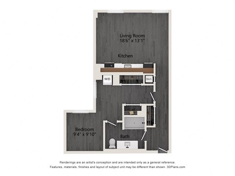 Floor plan for 1 bed, 1 bath, 832 sqft